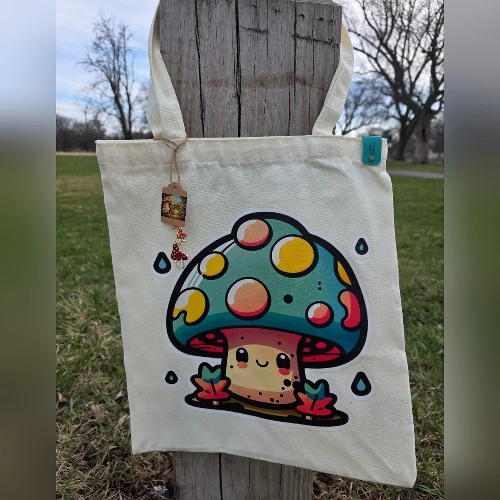Mooshie Totes +keychain Mushroom Canvas Tote  13x15 NWT